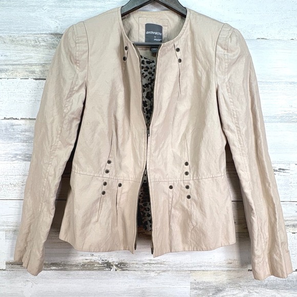 Anthracite by Muse Beige Leopard Print Lined Double Zip Front Moto Jacket Size 4 - Picture 2 of 11